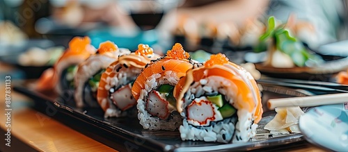 Sushi rolls arrayed on a re...