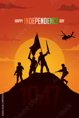 '15th August' and 'Happy Independence Day' Text with Indian Army Soldiers Vector Silhouette social media post banner design template.  