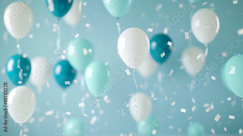 Navy Blue, Aqua and White Balloons Rising in the Air 