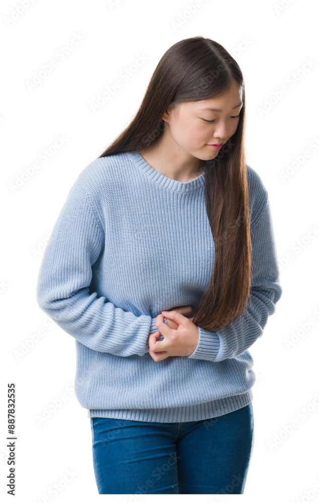 Young Chinese woman over isolated background with hand on stomach because nausea, painful disease feeling unwell. Ache concept. Young Chinese woman over isolated background with hand on stomach because nausea, painful disease feeling unwell. Ache concept.