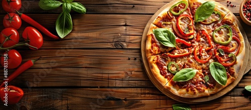 Pizza with peppers is displ...