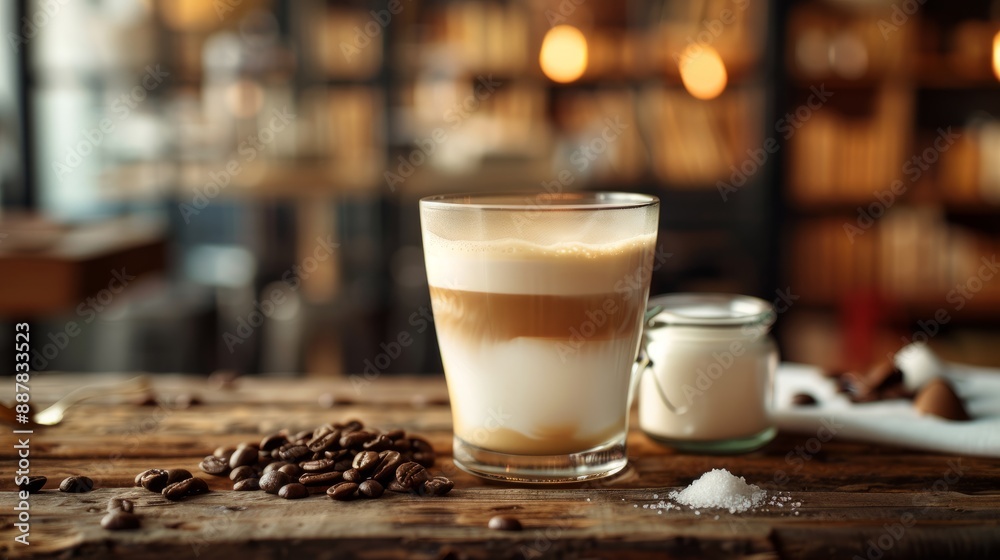 Closeup of Latte with Coffee Beans and Sugar.