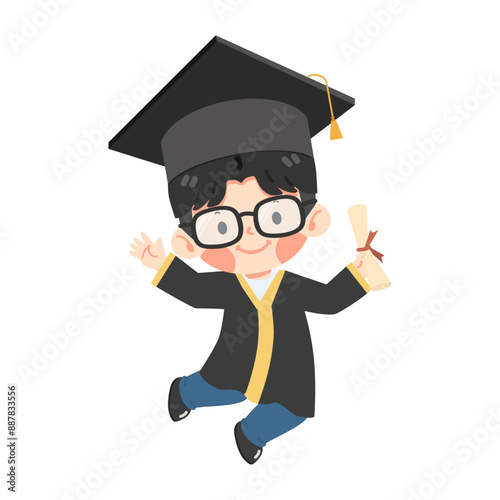 Boy in graduation gown jumping
