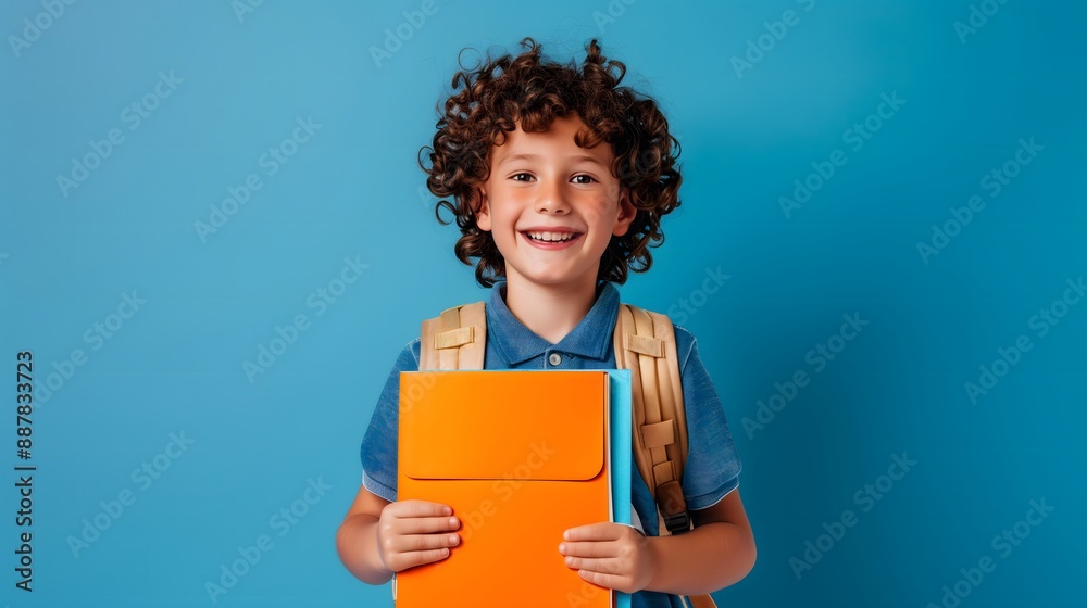 Happy Boy Holding an Orange Notebook with Backpack Happy Boy Holding an Orange Notebook with Backpack