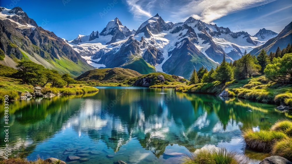 Fototapeta premium Majestic snow-capped mountain peaks rise above serene alpine lake surrounded by lush greenery and rugged rocky terrain under blue sky.