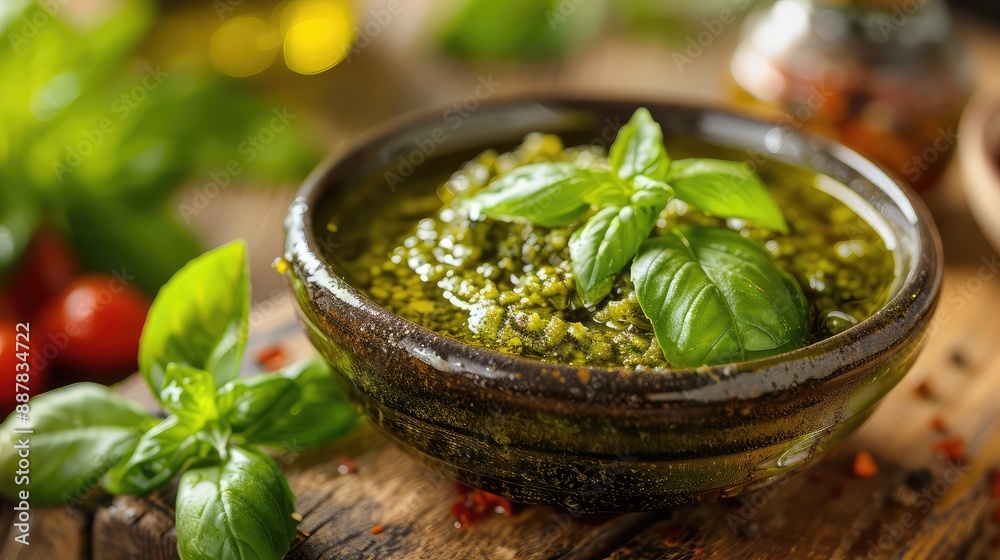 Bowl of pesto sauce on the table. Selective focus.