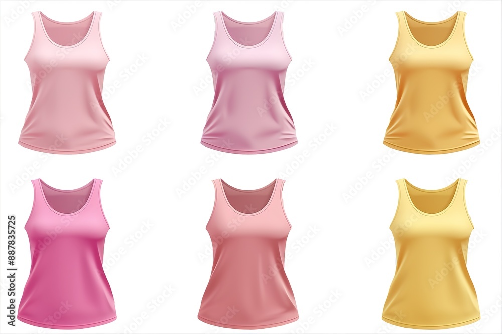 2 Set of pastel pink beige front, back and side view sleeveless tee t shirt tank singlet round neck on white background. Mockup template for artwork graphic design. 3D rendering
2 Set of pastel pink beige front, back and side view sleeveless tee t shirt tank singlet round neck on white background. Mockup template for artwork graphic design. 3D rendering