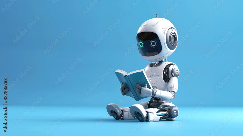 Friendly robot sitting and reading a book against a blue background Friendly robot sitting and reading a book against a blue background
