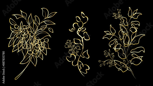 Luxury floral Botanical line gold silhouette golden leaves.Set Gold leaf. Gold luxury leaves. Botanical line art. Hand drawn gold illustration in linear style, graphic clipart for wedding invitation. 