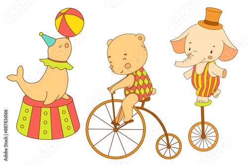 Cute circus bear and elephant on bike. Funny animals. Hand drawn color vector illustration for kids
