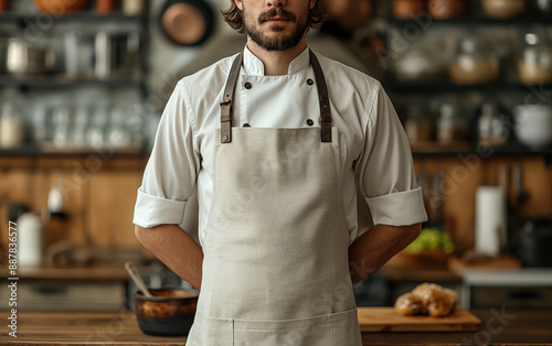 Chef kitchen apron. Chef cook in a uniform, kitchen apron, wearing protective apparel, culinary environment, food service setting, chef in kitchen interior, apron mock-up. Realistic style photo
