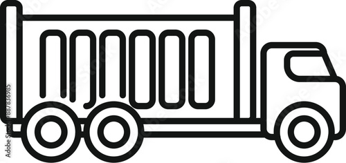 Simple black and white icon of a tipper truck delivering building materials on a construction site