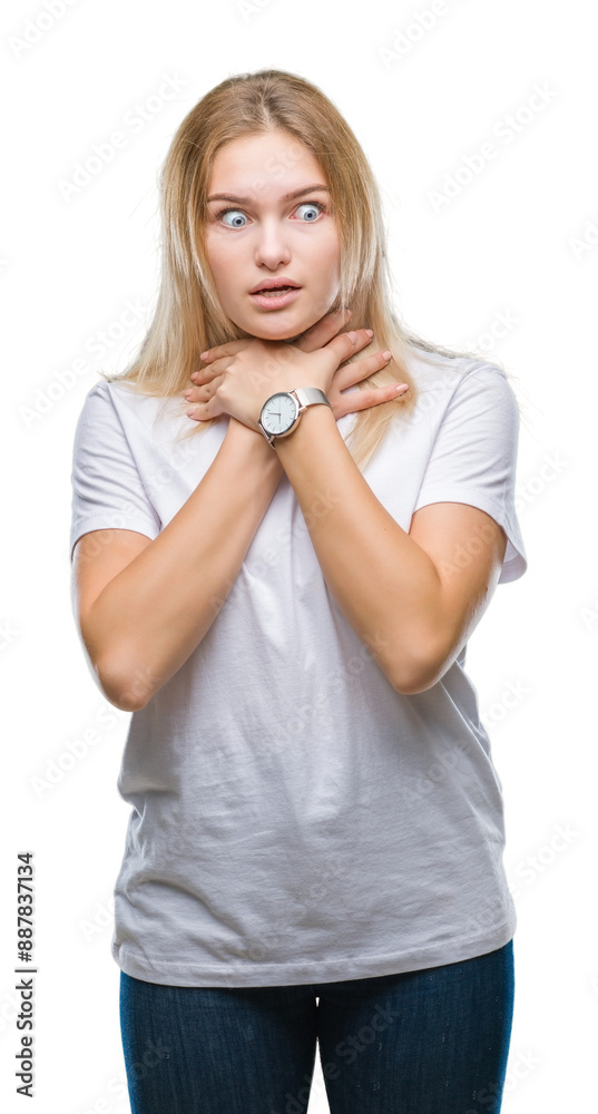 Young caucasian woman over isolated background shouting and suffocate because painful strangle. Health problem. Asphyxiate and suicide concept. Young caucasian woman over isolated background shouting and suffocate because painful strangle. Health problem. Asphyxiate and suicide concept.