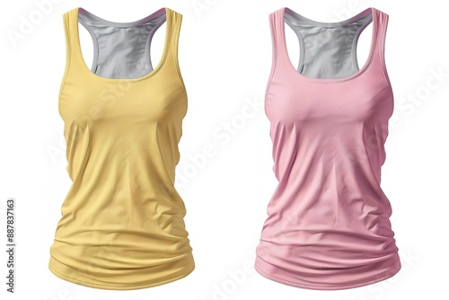 2 Set of dark light green front, back and side view sleeveless tee t shirt tank singlet round neck on white background. Mockup template for artwork graphic design. 3D rendering
