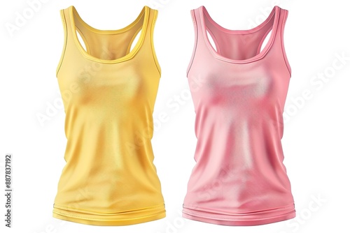 2 Set of dark light green front, back and side view sleeveless tee t shirt tank singlet round neck on white background. Mockup template for artwork graphic design. 3D rendering
