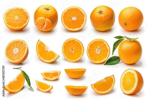 Set of nine ripe fresh juicy oranges. Set of fresh sliced oranges, halved, quartered and whole isolated on white background. Closeup, macro shooting.
