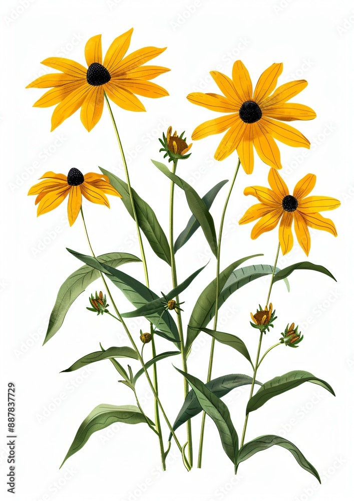 A cluster of vibrant yellow wildflowers with dark centers, set against a crisp white background. A cluster of vibrant yellow wildflowers with dark centers, set against a crisp white background.