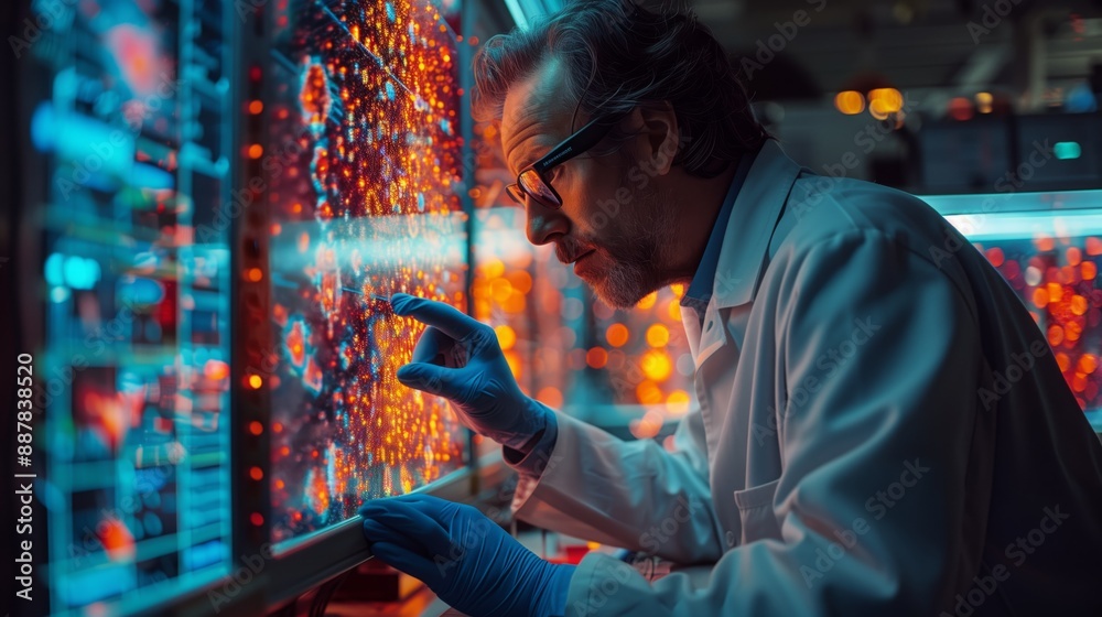A scientist in a lab coat examines data displayed on a large screen, likely for research purposes. A scientist in a lab coat examines data displayed on a large screen, likely for research purposes.