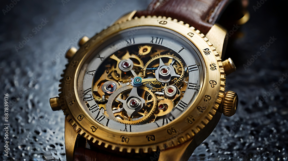 Obraz premium Concept image of an intricate wristwatch with gears and dials indicating different eras and historical periods with copy space