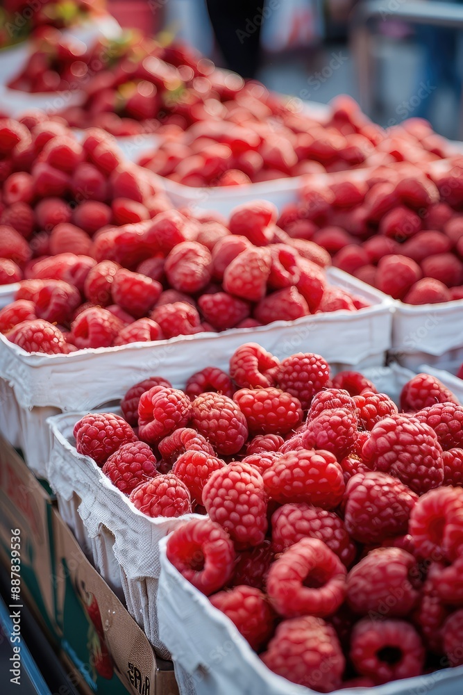 Raspberries in boxes on the store counter. Selective focus. Raspberries in boxes on the store counter. Selective focus.