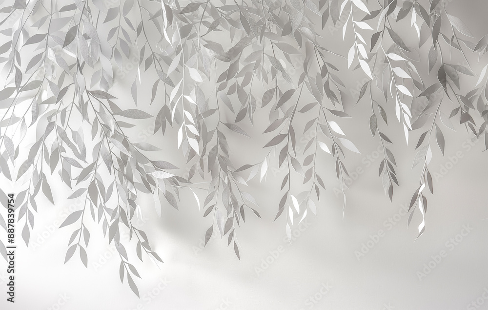 white paper cutout of hanging willow leaves on a white wall, in a light grey and silver style white paper cutout of hanging willow leaves on a white wall, in a light grey and silver style