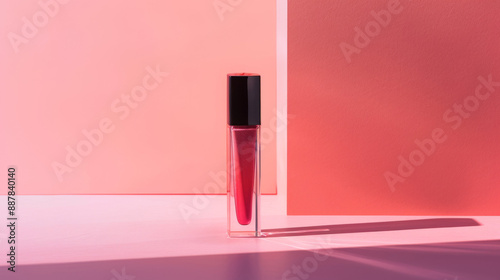 A bottle of red lipstick is sitting on a pink background