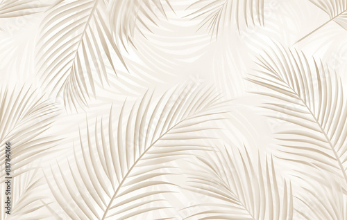 Luxury beige palm leaves pattern wallpaper, soft tones, white background, detailed lines, simple design
