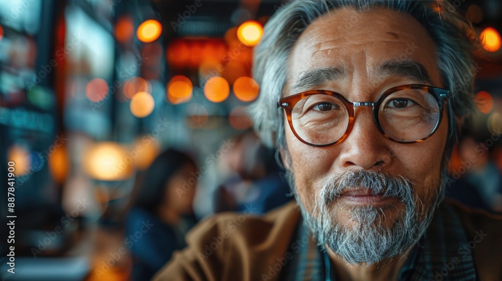 Elderly man with glasses smiling warmly in a cozy cafe setting, with soft lighting and a lively background creating a vibrant atmosphere. Elderly man with glasses smiling warmly in a cozy cafe setting, with soft lighting and a lively background creating a vibrant atmosphere.