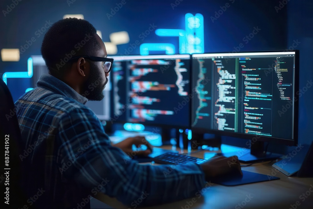 Developers collaborating on multiple screens, web development, teamwork in tech Developers collaborating on multiple screens, web development, teamwork in tech