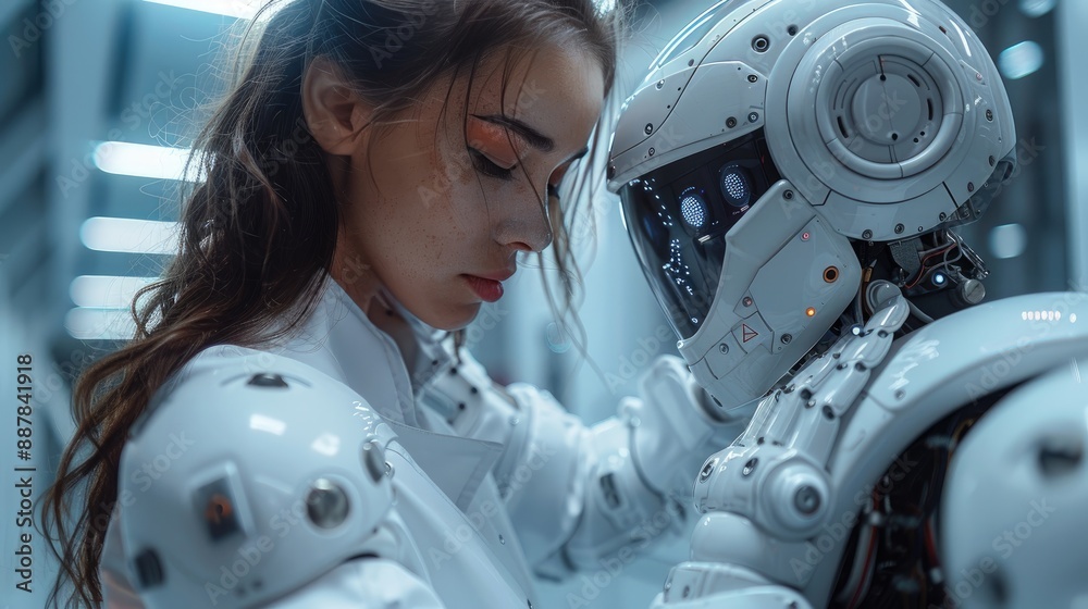 Fototapeta premium Female engineer working with a futuristic robot in a high-tech environment, showcasing advanced technology and innovation.