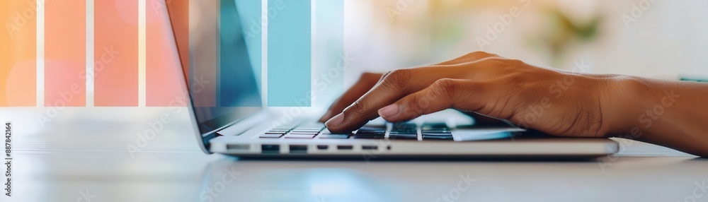 Fototapeta premium Hands typing on laptop with business analytics, management, modern workplace efficiency