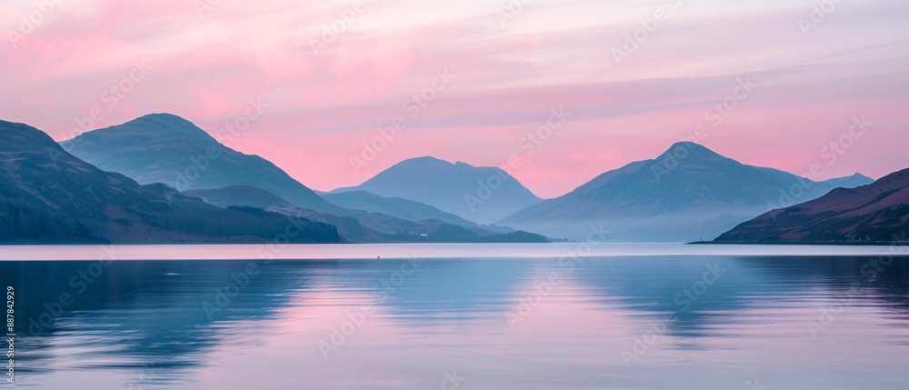 A tranquil scene of a mountain range reflected in a still lake under a soft pink sunrise sky. A tranquil scene of a mountain range reflected in a still lake under a soft pink sunrise sky.