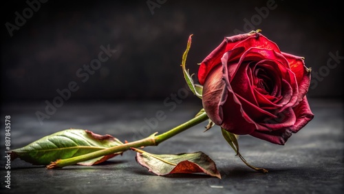 Darkness surrounds a solitary, wilted red rose, its petals dropped, on a black background, symbolizing despair and emotional pain.