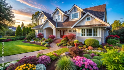 Vibrant sunshine illuminates joyful newlyweds embracing outside their charming whitewashed cottage with blooming flowers and lush greenery surrounding them.