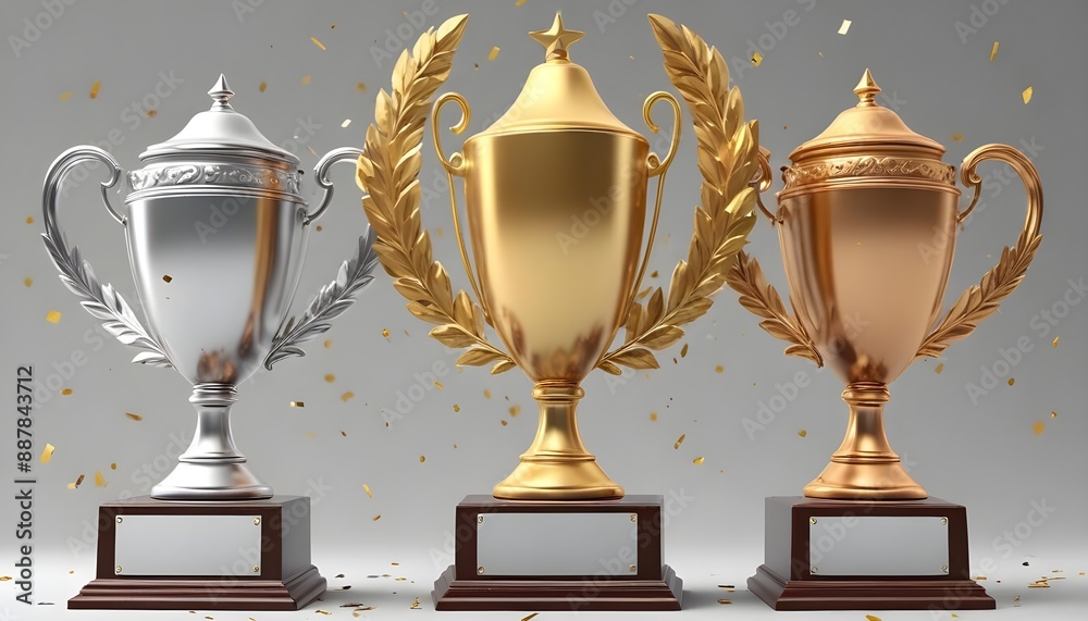 Three golden trophies with laurel wreaths, representing first, second ...