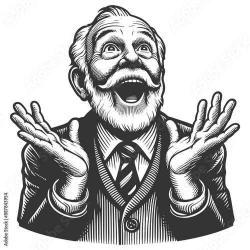 Happy surprised ecstatic elderly man with glasses, a wide smile, joy and surprise sketch engraving generative ai fictional character vector illustration. Scratch board imitation. Black and white image