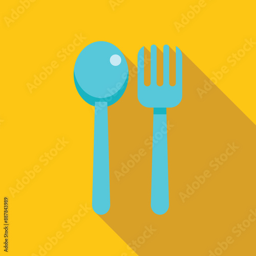 Blue spoon and fork casting long shadow on yellow background, simple style