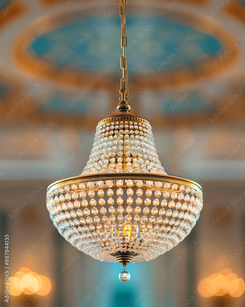 Obraz premium A dazzling art deco chandelier becomes the centerpiece of a grand ballroom The chandeliers exquisite design features geometric crystals