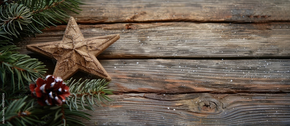 Fototapeta premium Wooden background featuring a festive Christmas card adorned with a decorative star fir branches and ample copy space image