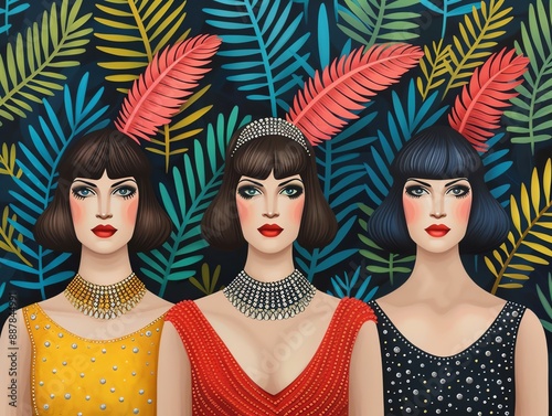 Embrace the opulence of Art Deco fashion with this captivating illustration Flappers donning beaded dresses and feathered headbands exude chic style and the liberated spirit of the photo