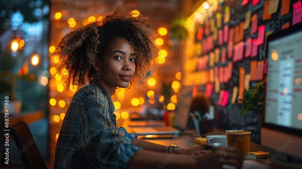 Young professional working late at computer, surrounded by colorful sticky notes and fairy lights, representing productivity and creativity.