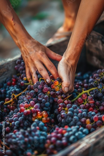 They make wine from grapes with their feet and hands. Selective focus.