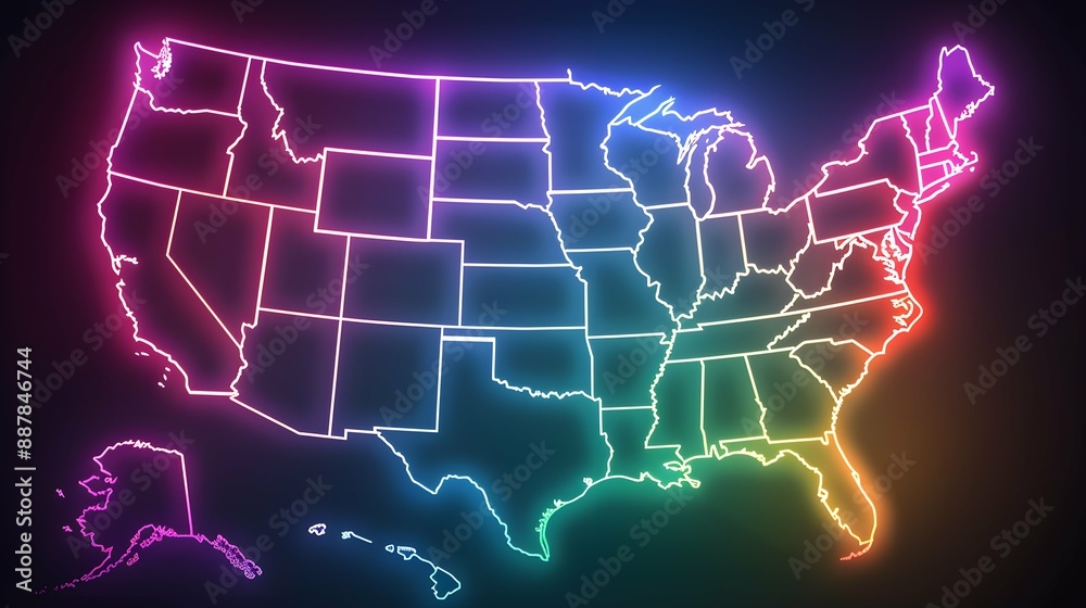 Vibrant neon outline of the United States map on a dark background, symbolizing energy and connectivity across the country Vibrant neon outline of the United States map on a dark background, symbolizing energy and connectivity across the country