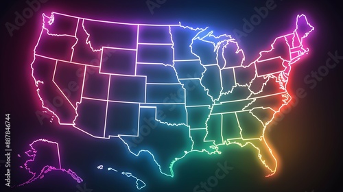 Vibrant neon outline of the United States map on a dark background, symbolizing energy and connectivity across the country 