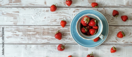 A blue cup holds ripe red s...