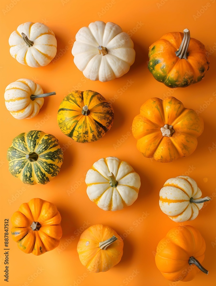 Top view of various mini pumpkins on a vibrant orange background. The arrangement showcases the autumn harvest and festive seasonal decoration. Top view of various mini pumpkins on a vibrant orange background. The arrangement showcases the autumn harvest and festive seasonal decoration.