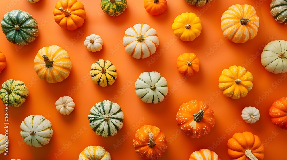 Top view of various mini pumpkins on a vibrant orange background. The arrangement showcases the autumn harvest and festive seasonal decoration. Top view of various mini pumpkins on a vibrant orange background. The arrangement showcases the autumn harvest and festive seasonal decoration.