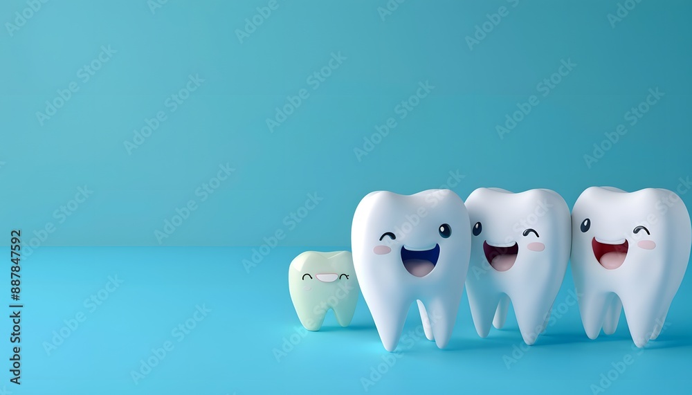 3d render of cute smiling tooth characters on blue background, concept for dental health and care service advertising banner with copy space 3d render of cute smiling tooth characters on blue background, concept for dental health and care service advertising banner with copy space