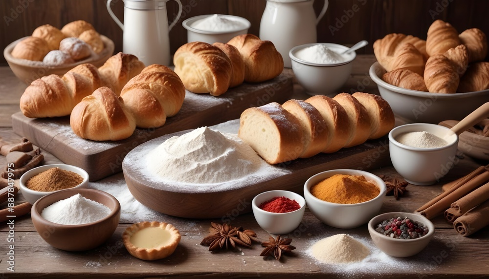 A variety of freshly baked bread and pastries on a wooden table, including rolls and croissants. The background features various baking ingredients such as flour, sugar, and spices A variety of freshly baked bread and pastries on a wooden table, including rolls and croissants. The background features various baking ingredients such as flour, sugar, and spices