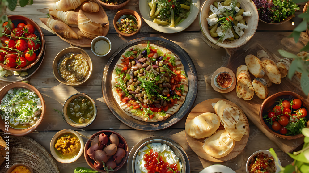 Crystal-clear shot of a vibrant Mediterranean mezze spread, various dishes artfully arranged, on a rustic table Crystal-clear shot of a vibrant Mediterranean mezze spread, various dishes artfully arranged, on a rustic table